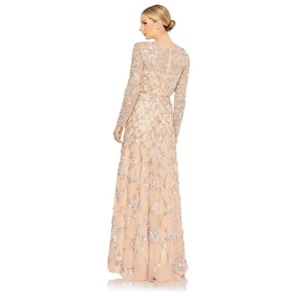 NWT MAC DUGGAL EMBELLISHED ILLUSION HIGH NECK LONG SLEEVED GOWN BLUSH 12 5496 - Picture 4 of 8